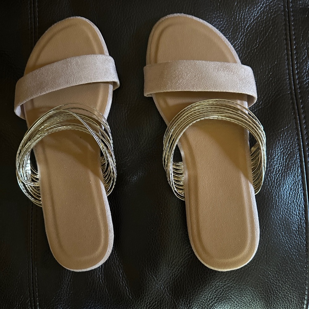 Chic Tan and Gold Slide Sandals